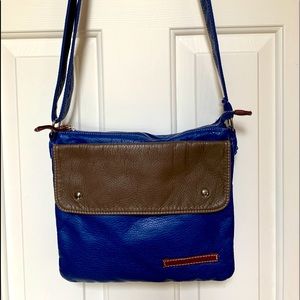 Royal blue and brown faux leather crossbody